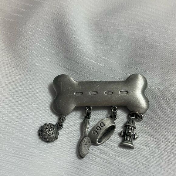 Dog Bone with Charms Dangles JJ Vintage Silver Brooch Pin - Picture 4 of 5